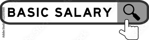 Search banner in word basic salary with hand over magnifier icon on white background