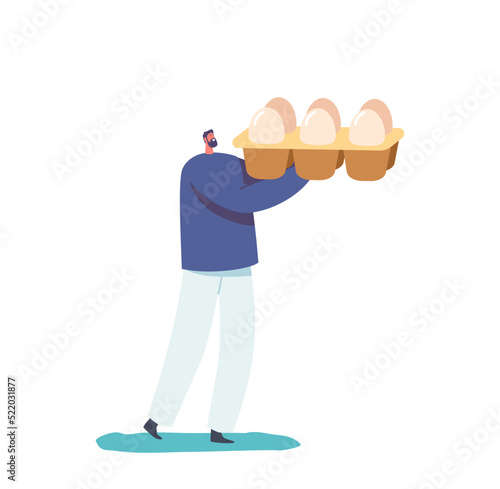 Tiny Male Character Holding Huge Package with Eggs Isolated on White Background. man Buying Food and Grocery