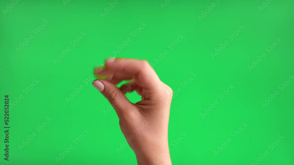 Gestures pack. Female Hand with Beige Manicure Snapping Fingers Sign Symbol. Chroma key Green