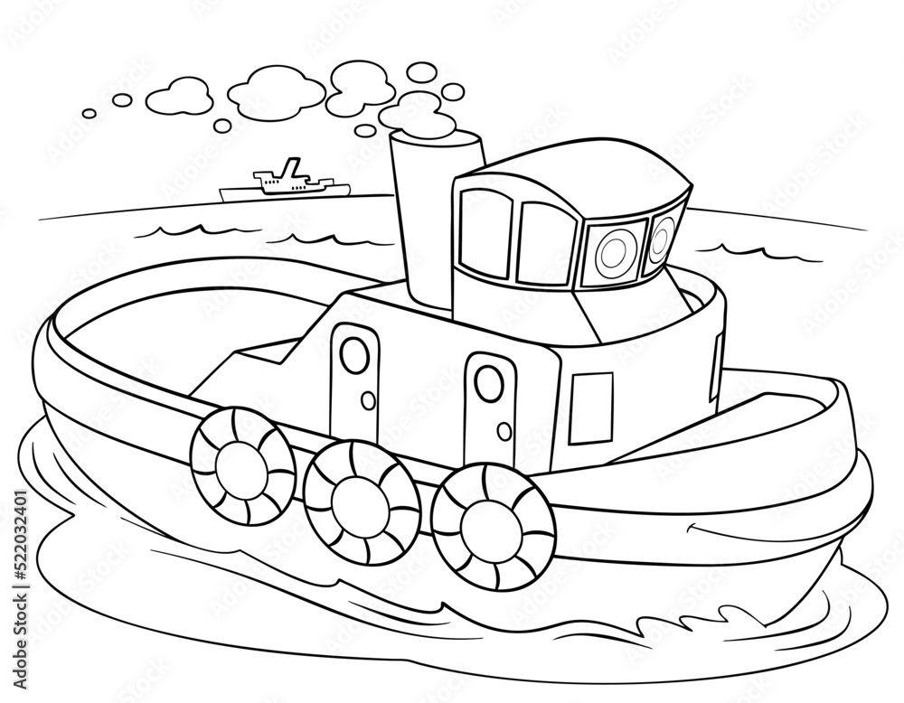 Cartoon tugboat for coloring page. Stock Vector Adobe Stock