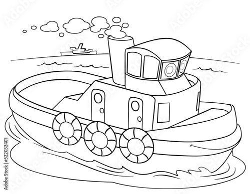Cartoon tugboat for coloring page.	
