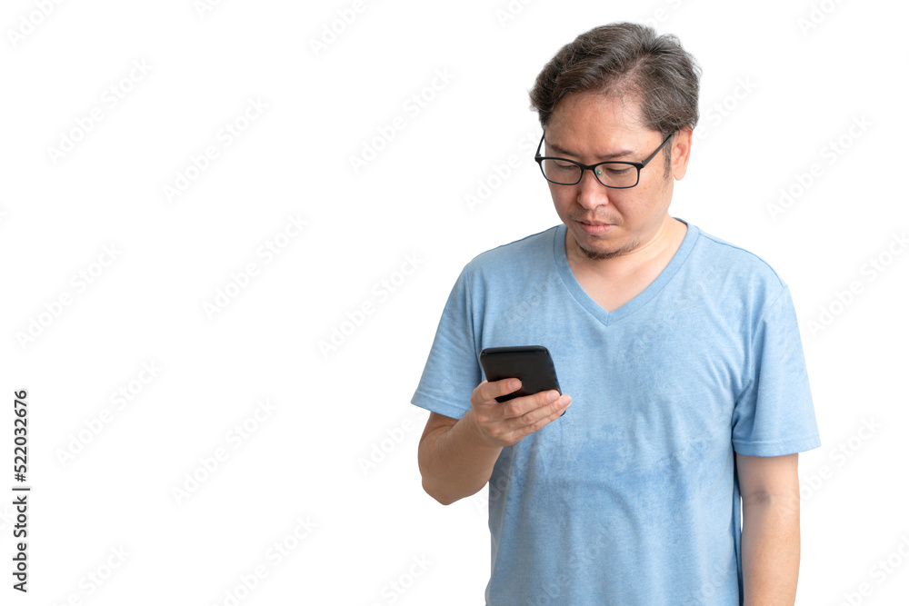 Asian man holding smartphone and stress with copy space on white background Asian man holding smartphone and stress with copy space on white background