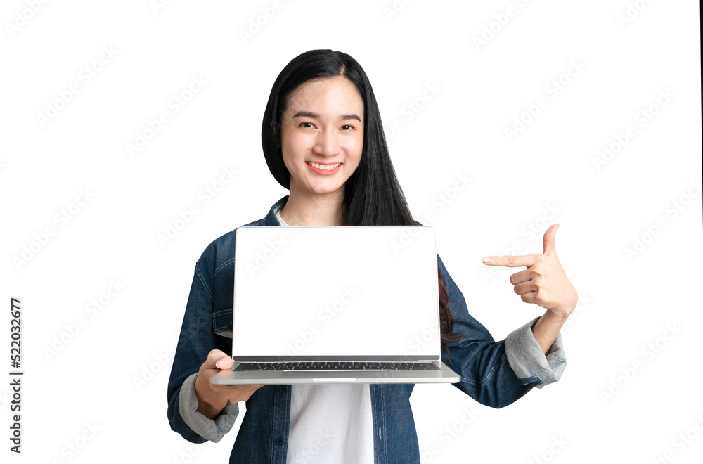 Beautiful woman holding laptop with mock up screen and present business concept Beautiful woman holding laptop with mock up screen and present business concept