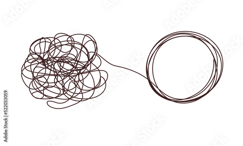 Tangle chaos, psychoterapy concept. Business design in one line, order theory. Doodle graphic spiral solution. Vector object isolated on white background
