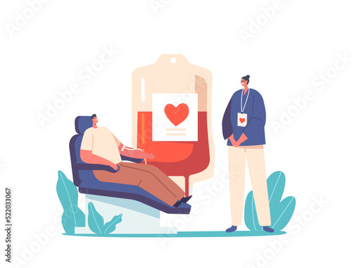 Blood Donation, Healthcare Charity, Lifeblood Transfusion Concept. Female Nurse Character Receiving Blood from Donor
