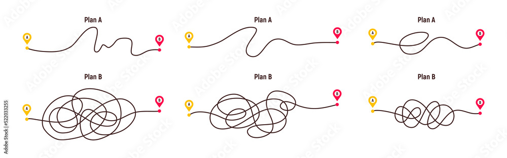 Obraz premium Difficult way, chaos path from point A to B. Complex chaos simplifying concept. Easy simple way. Vector illustration