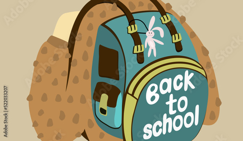 Back to school. Vector isolated illustration of backpack on the back of pupil. With trinket in a shape of hare. Education concept.