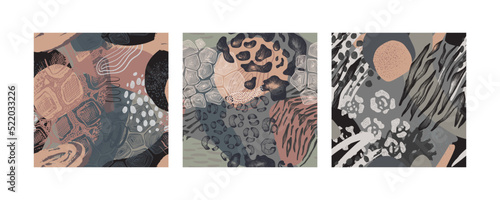 Collection of three vector seamless patterns with hand drawn animal skin ornament. Set of modern trendy endless backgrounds