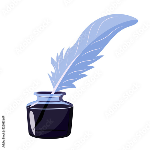 Inkwell with feather. Vintage writing utensils in cartoon style.