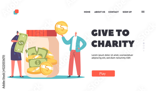 People Giving Money to Charity Landing Page Template. Volunteers Donation, Tiny Male and Female Characters Throw Coins