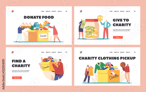 Social Care, Volunteering, Charity Landing Page Template. Tiny Characters Filling Cardboard Donation Box with Food