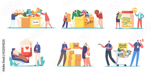 Set Volunteering, Charity, Philanthropy, Humanitarian Aid and Help to Poor People Concept. Characters Donate Food