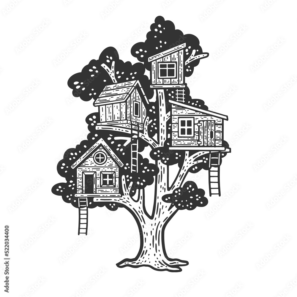 Wooden children tree houses on tree sketch engraving raster illustration. Scratch board imitation. Black and white hand drawn image. Wooden children tree houses on tree sketch engraving raster illustration. Scratch board imitation. Black and white hand drawn image.