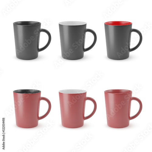 Illustration of Six Realistic Empty Ceramic Coffee Cup or Tea Mug on a White Backdrop. Isolated Mockup with Shadow Effect, and Copy Space for Your Design. For Web Design, and Printing.