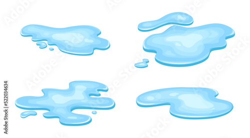 Set of water puddle, liquid cartoon style. Drop isolated on white background. Blue split, splash on floor. Vector illustration