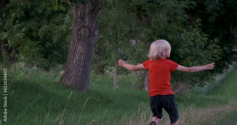 Blond hair boy with whirls on grass in woods. Child has fun in nature. Boy in red t-shirt in forest. Blond hair boy with whirls on grass in woods. Child has fun in nature. Boy in red t-shirt in forest.