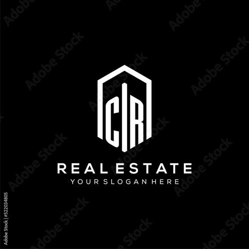 Letter CR logo for real estate with hexagon icon design