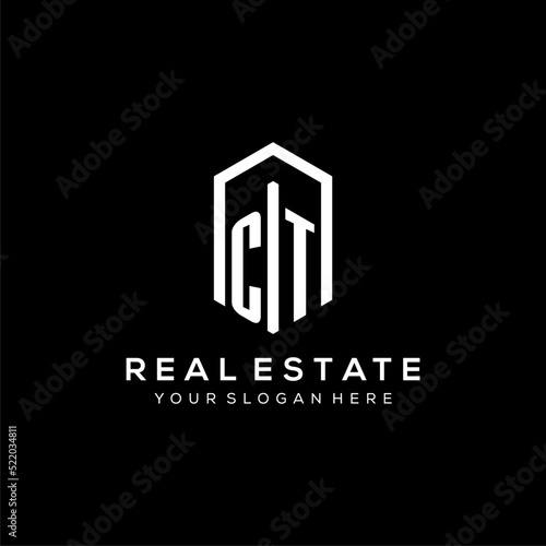 Letter CT logo for real estate with hexagon icon design
