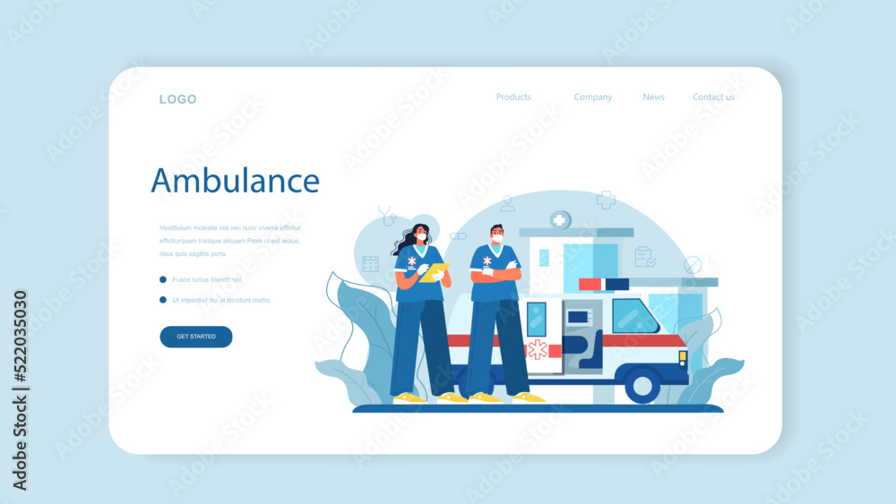 Ambulance web banner or landing page. Emergency doctor