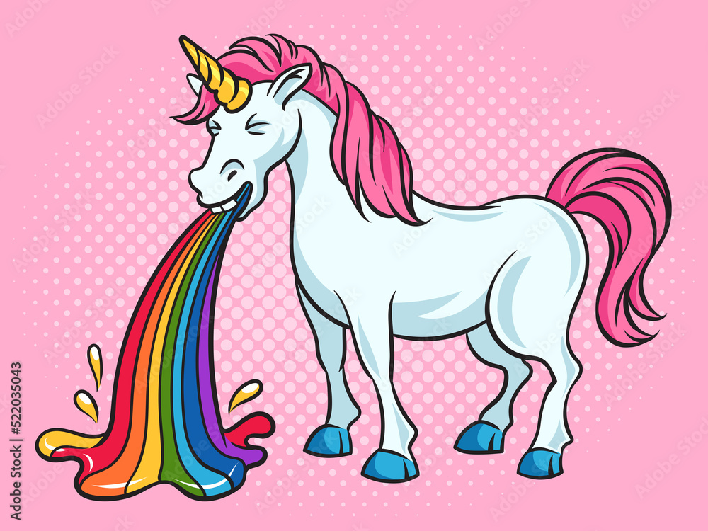 unicorn puke vomit rainbow pop art retro raster illustration. Comic book style imitation.