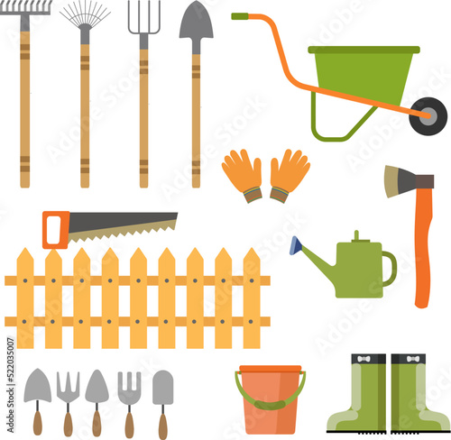 Set of various gardening items. Garden tools. Flat  vector illustration of items for gardening.