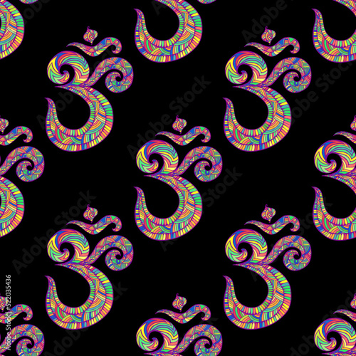 Colorful hippie seamless pattern with Om symbols with many ornaments, isolated on black background. Psychedelic ethnic texture with Aum. Vector hand drawn illustration
