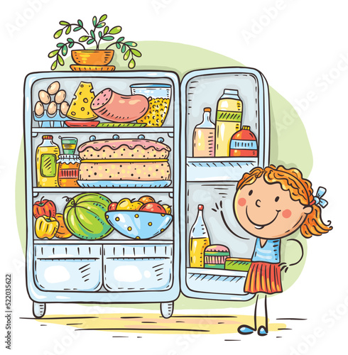 Cartoon kid and fridge with food, healthy eating or cooking concept, drawing, colorful clipart