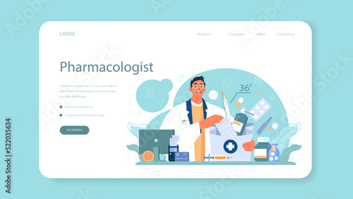 Pharmacologist web banner or landing page. Pharmacist preparing