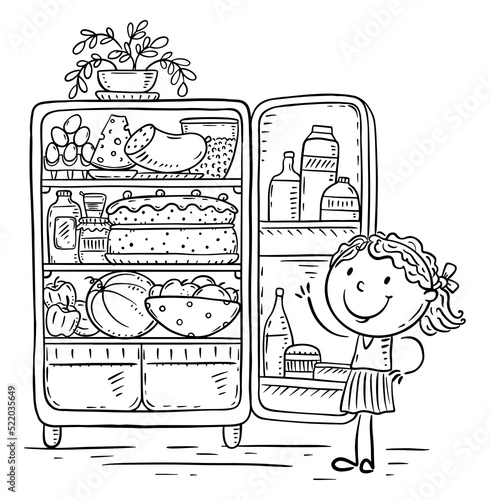 Line drawing of a cartoon kid and fridge with food, healthy eating or cooking concept, drawing, outline clipart