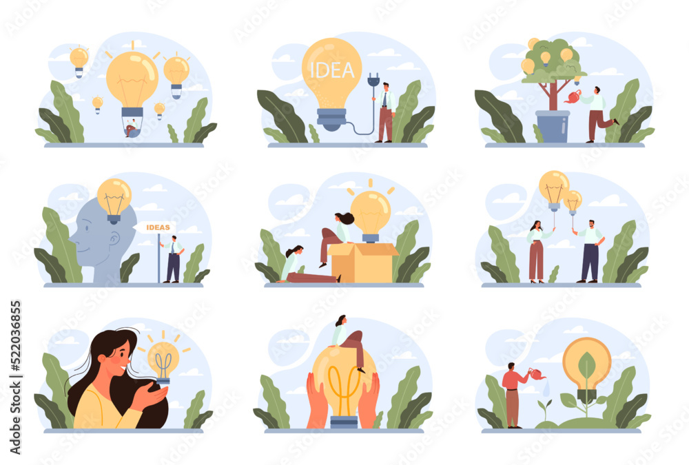 Idea concept set. Creative innovations or solutions generation. Idea concept set. Creative innovations or solutions generation.