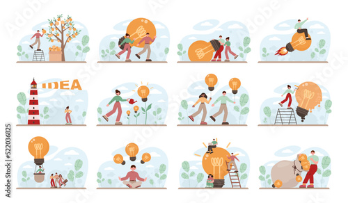 Idea concept set. Creative innovations or solutions generation.