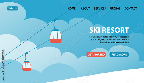 Ski winter resort. Cable car. Snow mountain. Background with blue sky and clouds. Skiing and outdoor activities. Sport hobby. Design template for banner, website, travel. Vector cartoon illustration