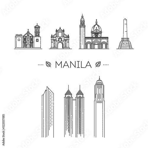 Banner of Manila skyline in flat line trendy style. Manila line art