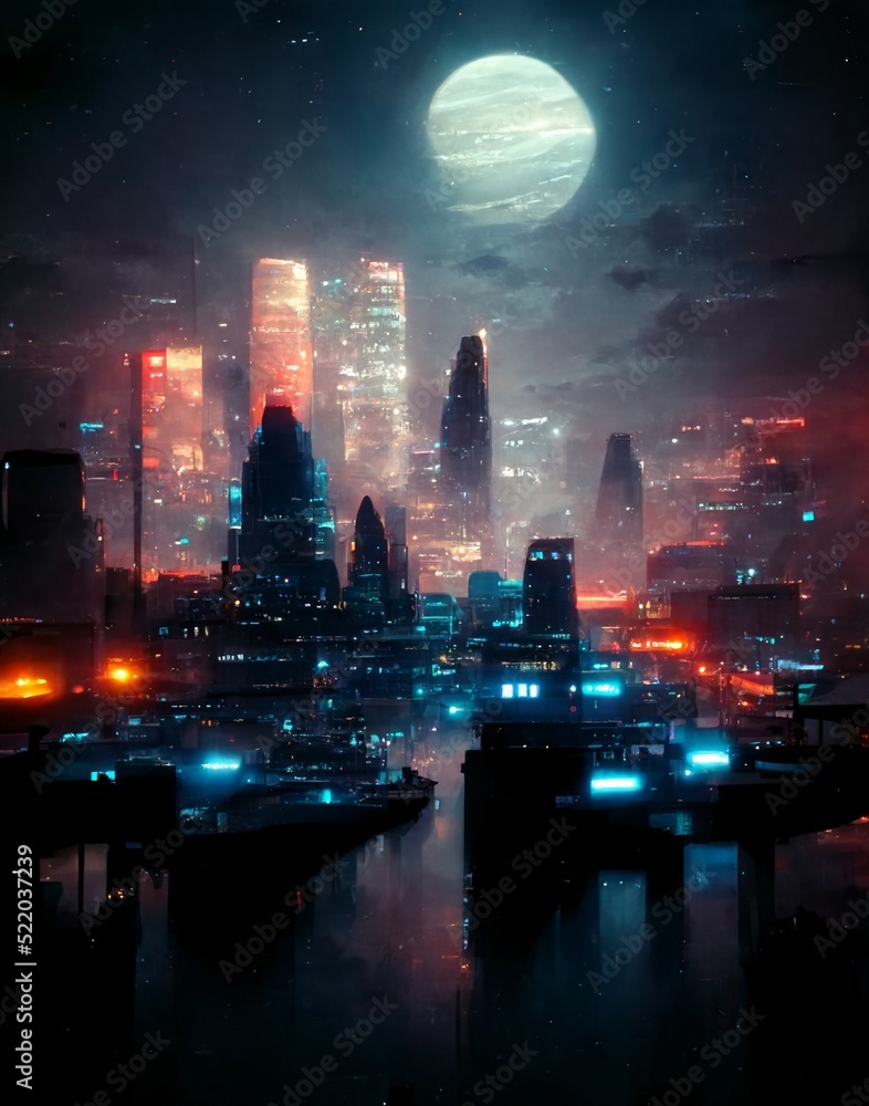 Fototapeta premium futuristic city at night, concept sketch, digital painting