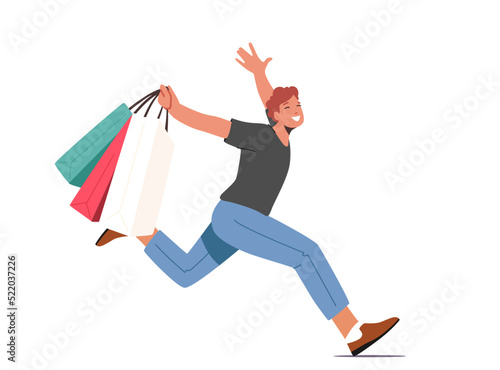 Cheerful Man with Shopping Bags and Purchases Running. Smiling and laughing Male Characters with Paper Packings