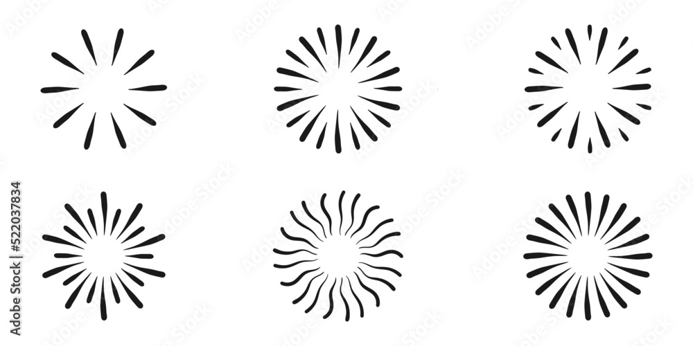 Sun rays icon in black lines. Vector illustration of hand drawn sketch of glowing circle.