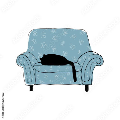 Cute Hand Drawn Vector Illustration with Black Cat Slipping on a Blue Armchair with Floral Print. Black Kitty on a Blue Sofa isolated on a White Background. Lovely Print ideal for Wall Art,Cat Lovers.