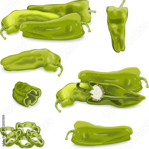 Set of Cubanelle pepper. Capsicum annuum cubanelle, cuban pepper, Italian Frying Pepper. Whole, half, sliced and wedges of peppers. Vegetables. Vector illustration isolated on white background.