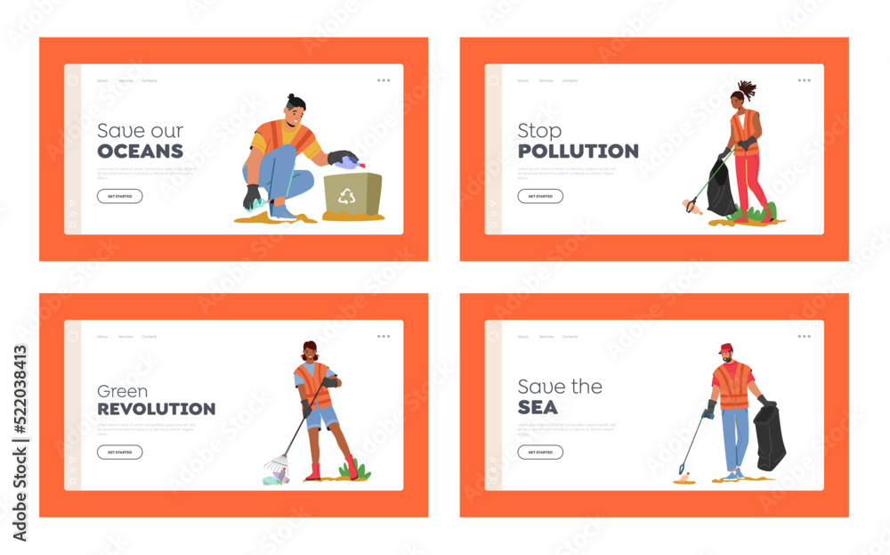 People Collecting Trash on Sea Beach Landing Page Template Set. Garbage Pollution, Ecology and Earth Protection