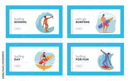 Surfers Summer Activity Lifestyle.Landing Page Template Set. Male and Female Characters, Surfing Sport Recreation