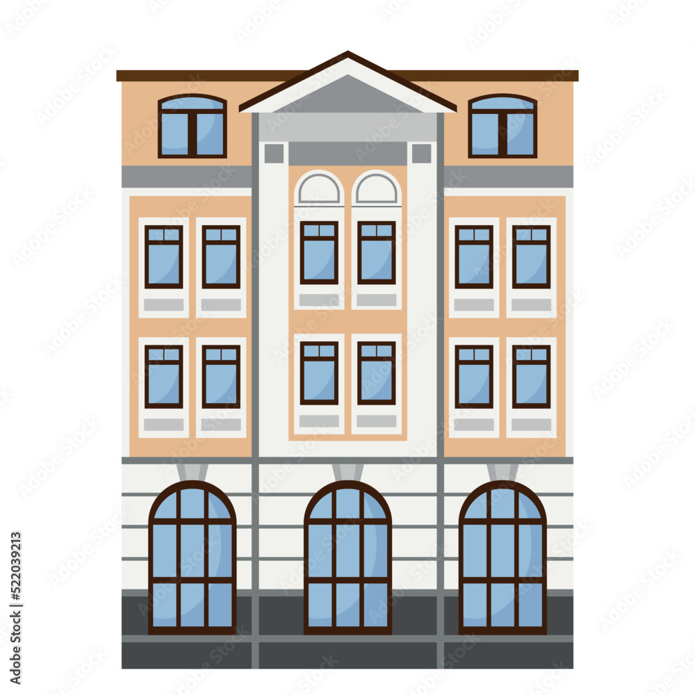 Urban apartment building in orange brown tones, flat vector, isolate on white background