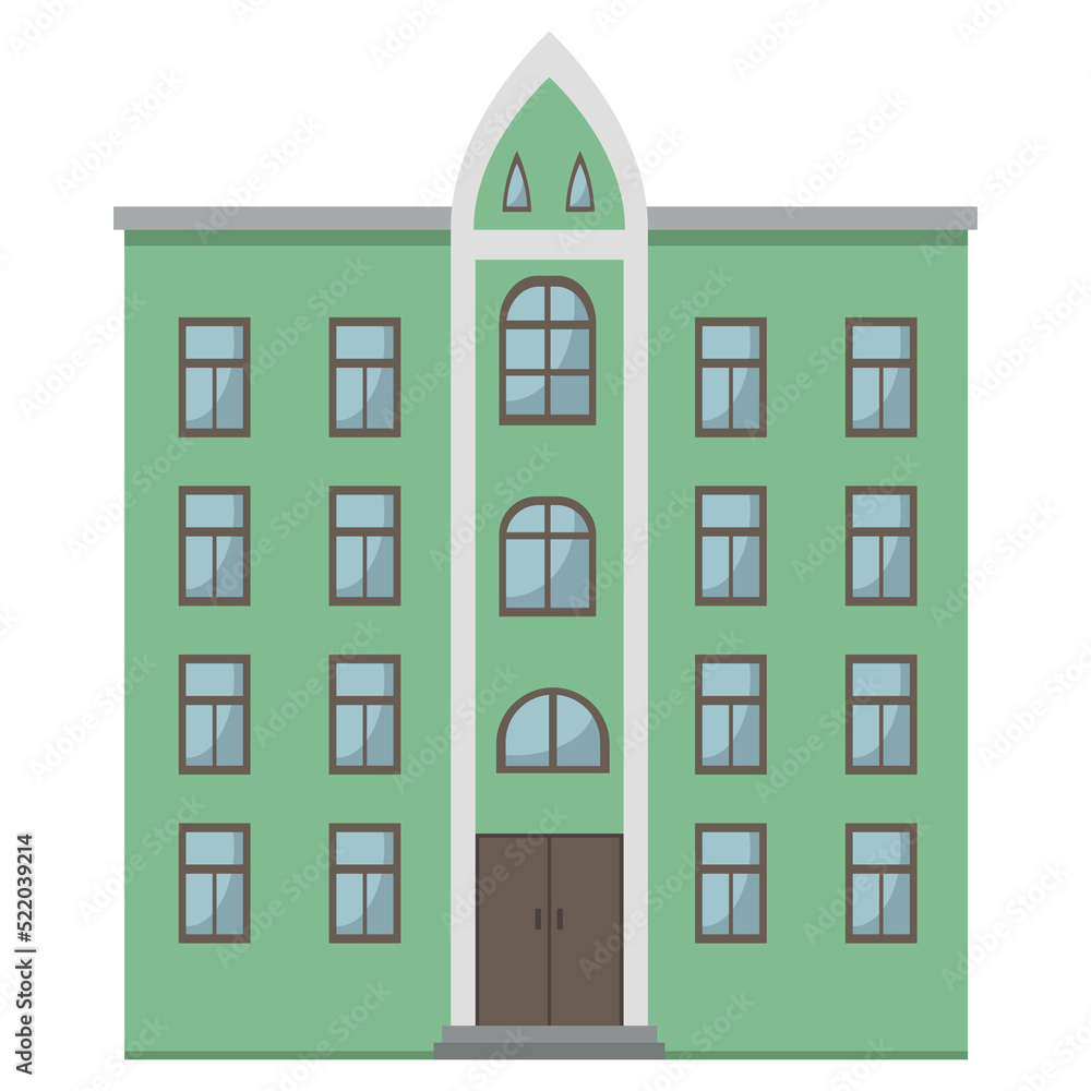 Urban tenement green house with brown elements, flat vector, isolated on white background
