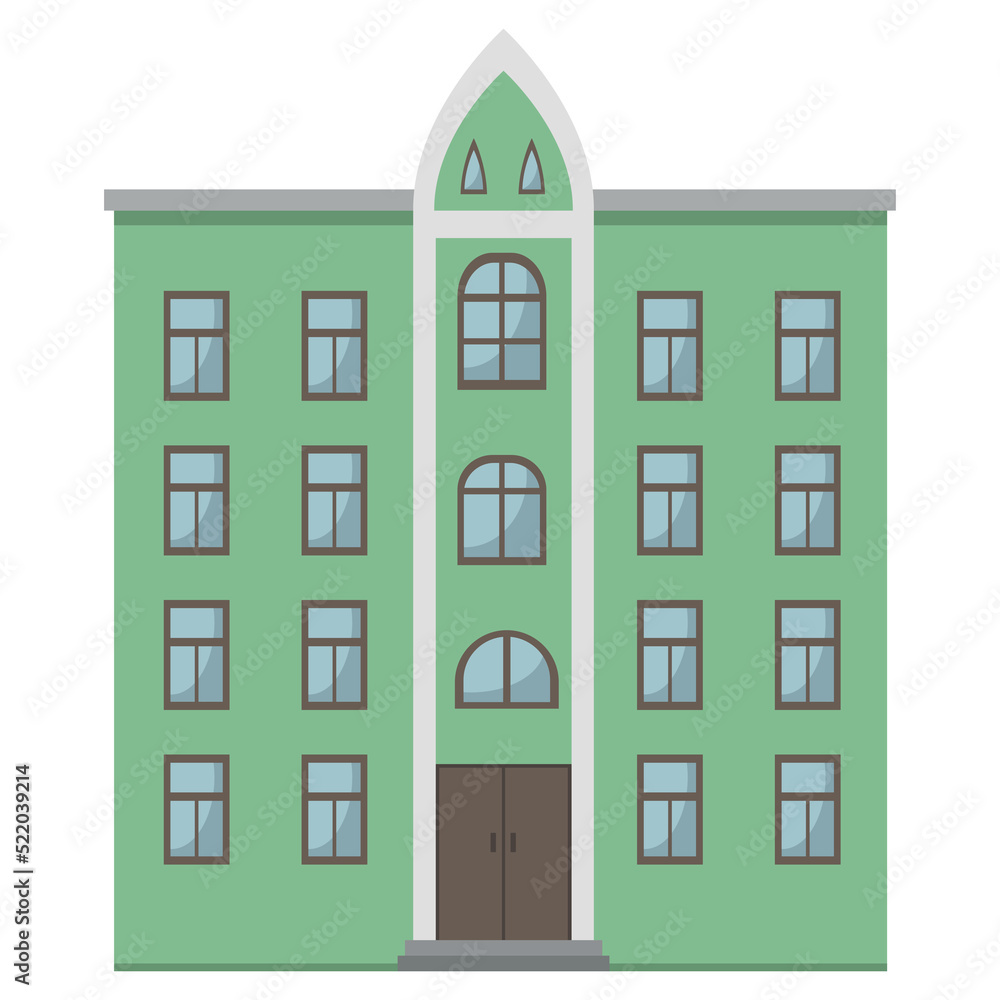 Obraz premium Urban tenement green house with brown elements, flat vector, isolated on white background