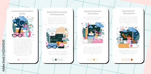 Theoretical physicist mobile application banner set. Physicist explore