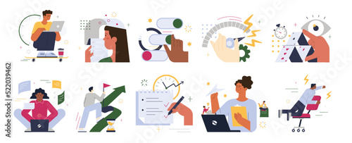 Productivity set. Employee job performance efficiency. Quality and timeliness