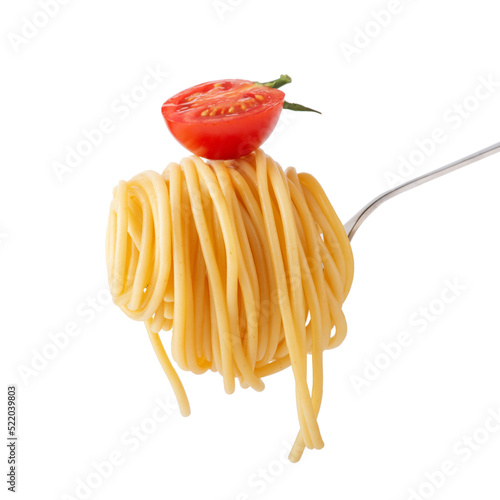 spaghetti with tomato on a gray steel fork on a white background