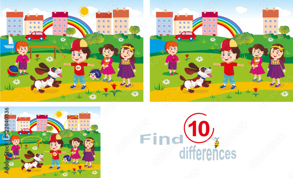 Best friends.A boy and his dog friend.Find 10 differences. Children's educational game.