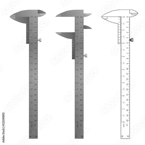 Metal vernier caliper set, outline drawing vector illustration.