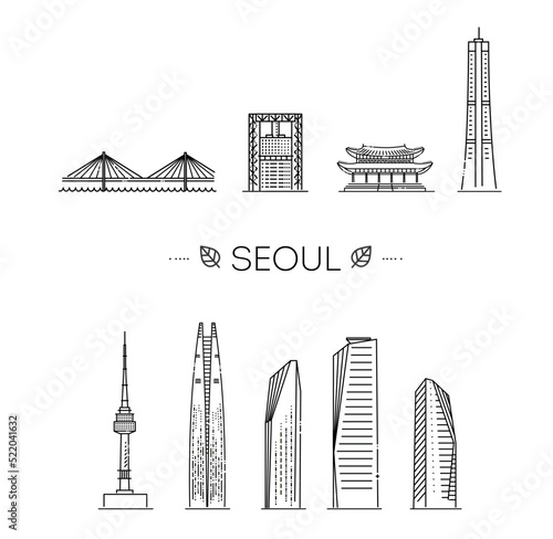 Seoul detailed monuments silhouette. Vector illustration line set. Vector symbols