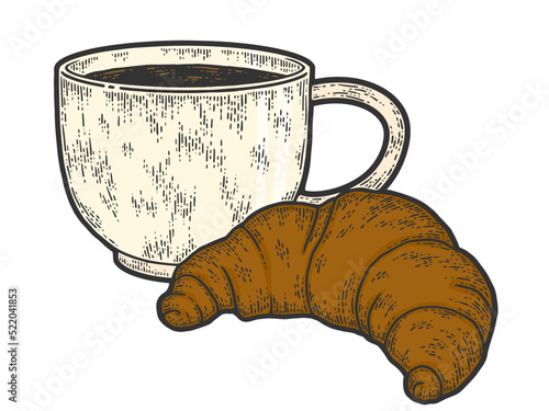 Cup of coffee and croissant color. Sketch scratch board imitation.